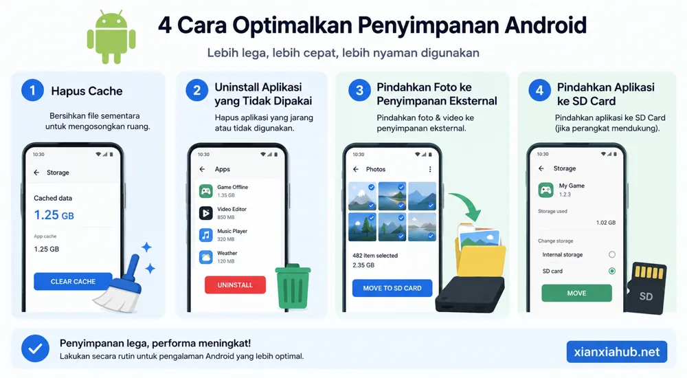 Infografis cara menghemat penyimpanan Android selain memindahkan aplikasi ke SD Card.