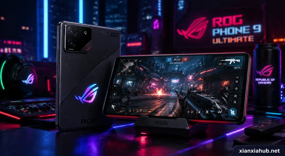 ASUS ROG Phone 9 Ultimate sedang digunakan bermain game FPS dengan efek RGB gaming setup