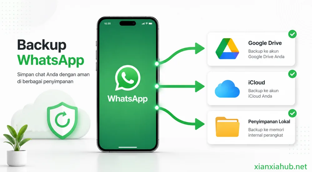 Ilustrasi backup chat WhatsApp ke Google Drive, iCloud, dan penyimpanan lokal.