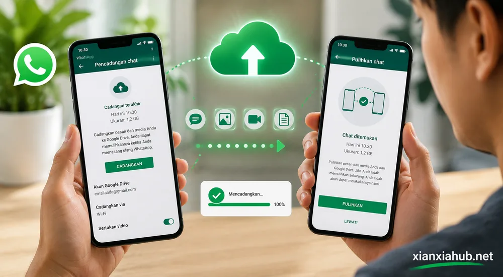 Ilustrasi backup chat WhatsApp saat memindahkan data dari HP lama ke HP baru menggunakan cloud backup
