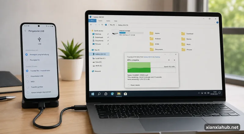 Proses transfer foto, video, dan dokumen dari HP Android ke laptop melalui kabel USB.