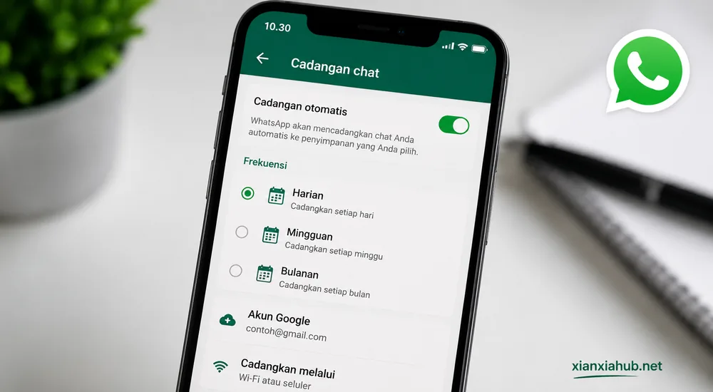 Tampilan menu backup otomatis WhatsApp dengan pilihan harian, mingguan, dan bulanan untuk pencadangan chat secara otomatis.