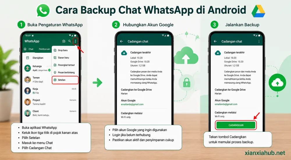 Panduan cara backup chat WhatsApp di Android melalui menu Cadangan Chat, menghubungkan akun Google, dan menjalankan backup ke Google Drive