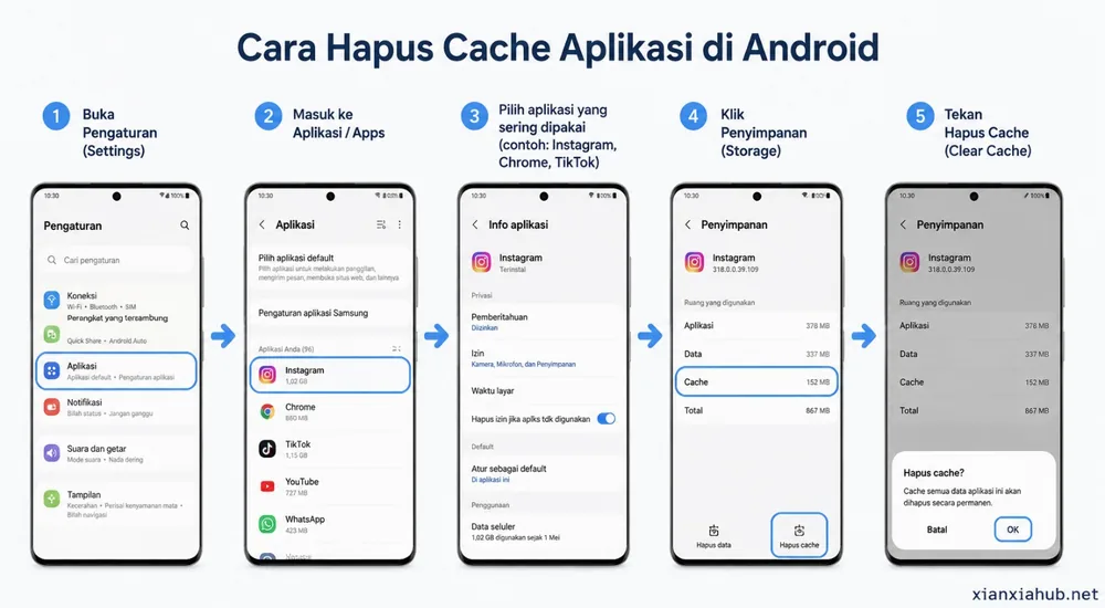 Cara hapus cache aplikasi di Android melalui pengaturan aplikasi, penyimpanan, dan clear cache untuk mengatasi HP lemot