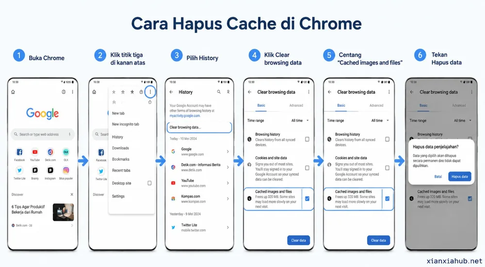 Cara menghapus cache di Google Chrome Android melalui menu history, clear browsing data, dan hapus cached images and files