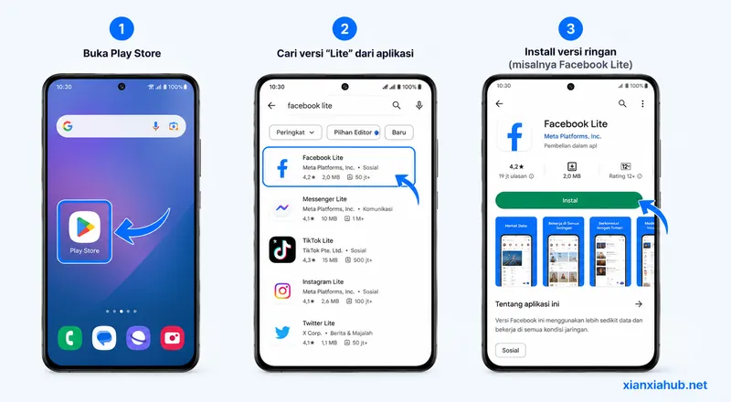 Langkah membuka Play Store, mencari aplikasi Lite, dan memasang Facebook Lite atau aplikasi ringan lainnya di smartphone Android