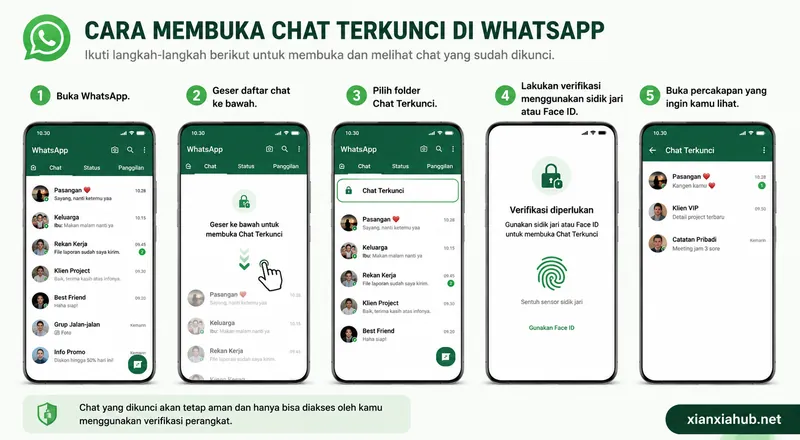 Tutorial melihat chat WhatsApp yang dikunci melalui folder Chat Terkunci menggunakan autentikasi biometrik.