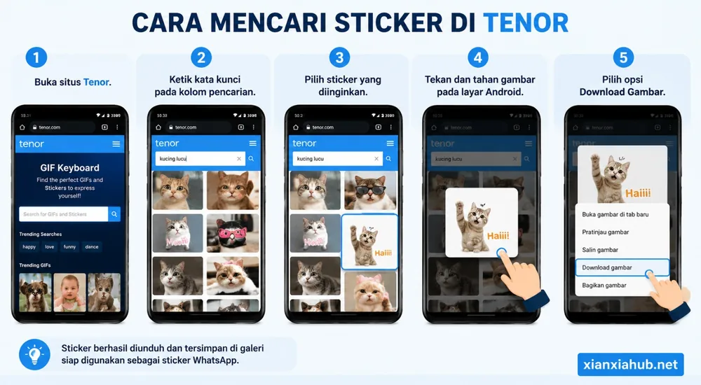 Cara mencari dan download sticker di Tenor menggunakan HP Android untuk digunakan di WhatsApp