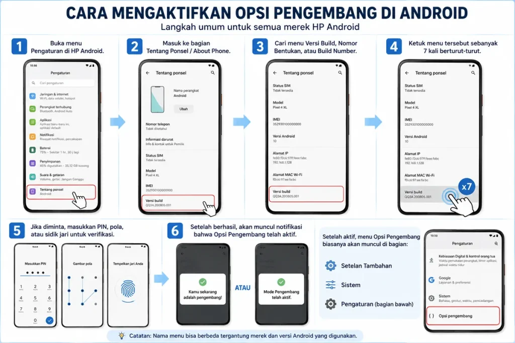 Cara mengaktifkan opsi pengembang Android melalui menu Build Number