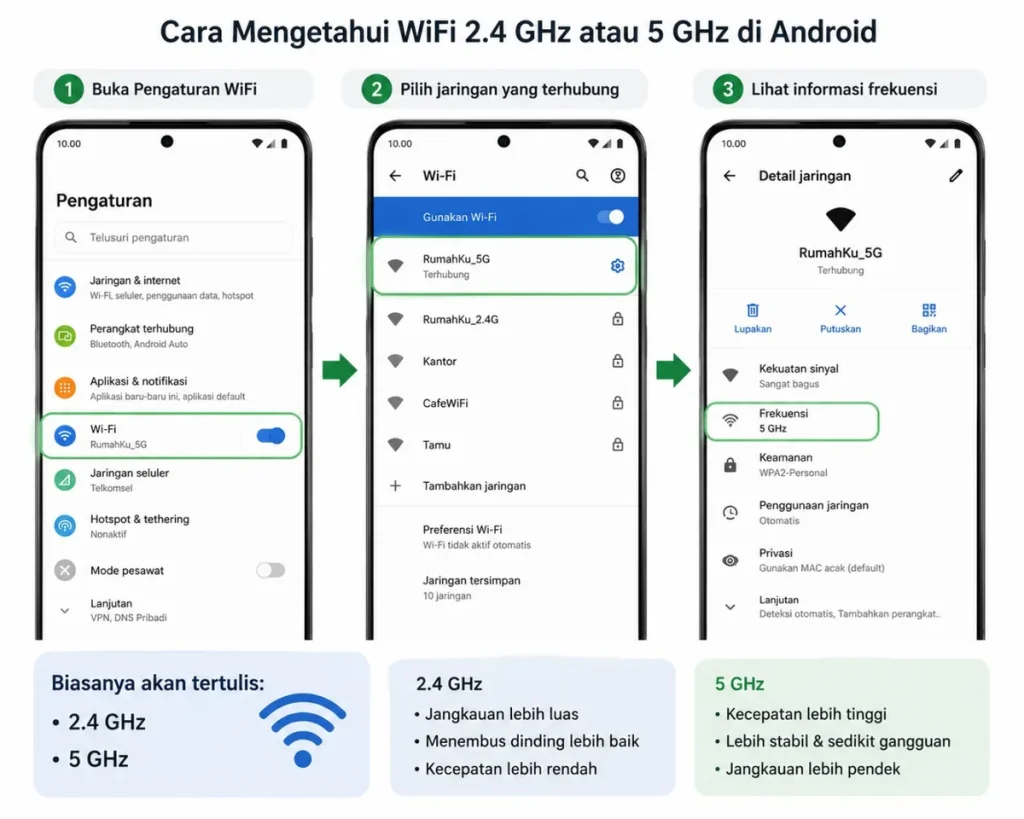 Cara cek frekuensi WiFi 2.4 GHz dan 5 GHz di Android melalui pengaturan jaringan