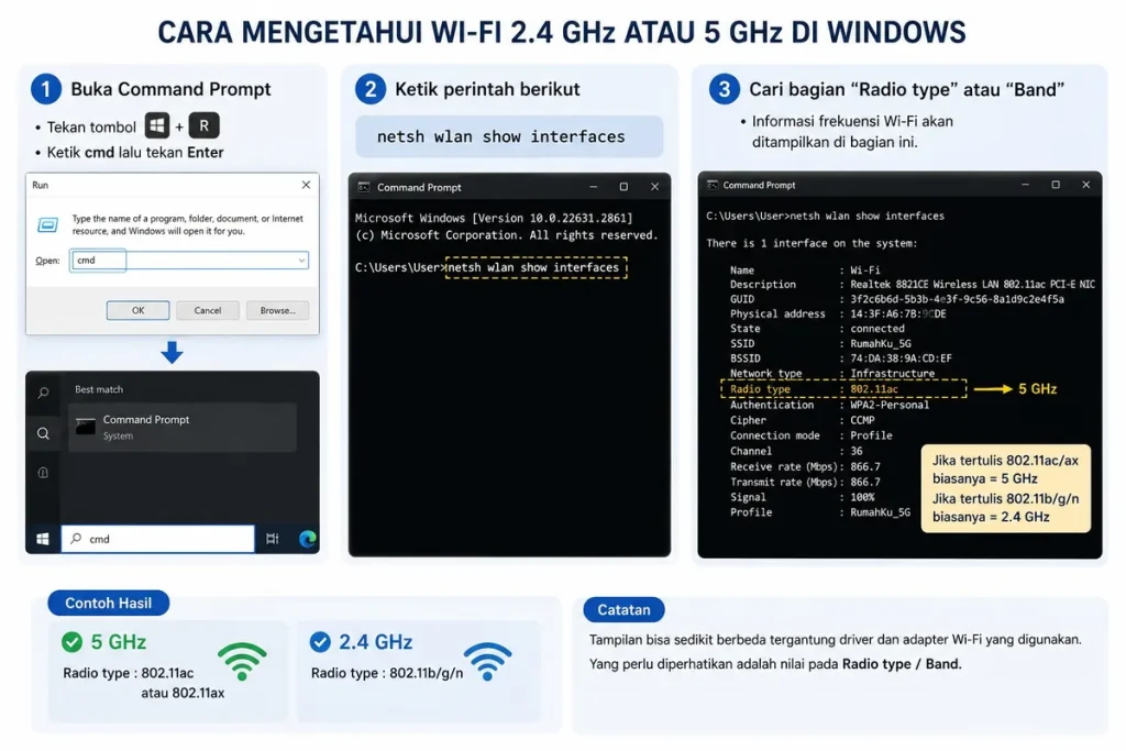 Cara mengetahui WiFi 2.4 GHz atau 5 GHz di Windows menggunakan Command Prompt