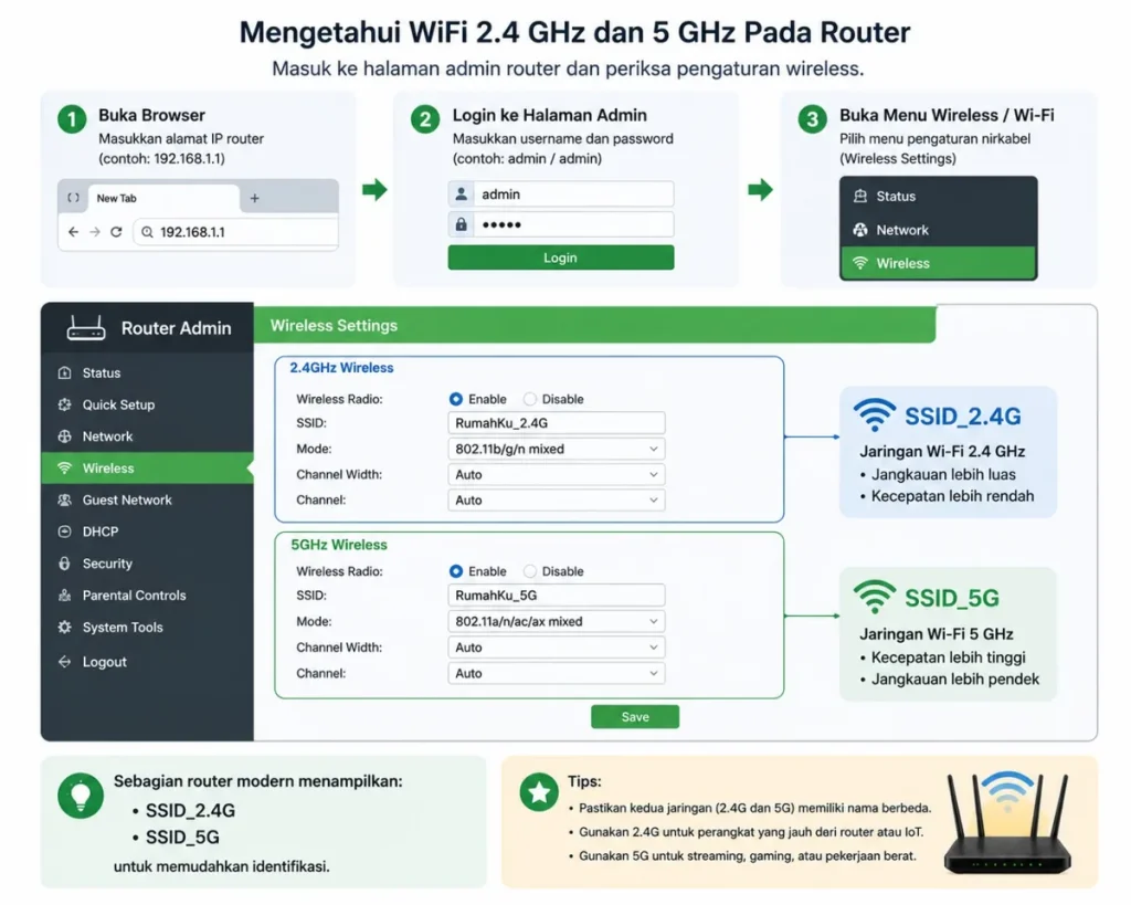 Cara mengetahui jaringan WiFi 2.4 GHz dan 5 GHz melalui halaman admin router