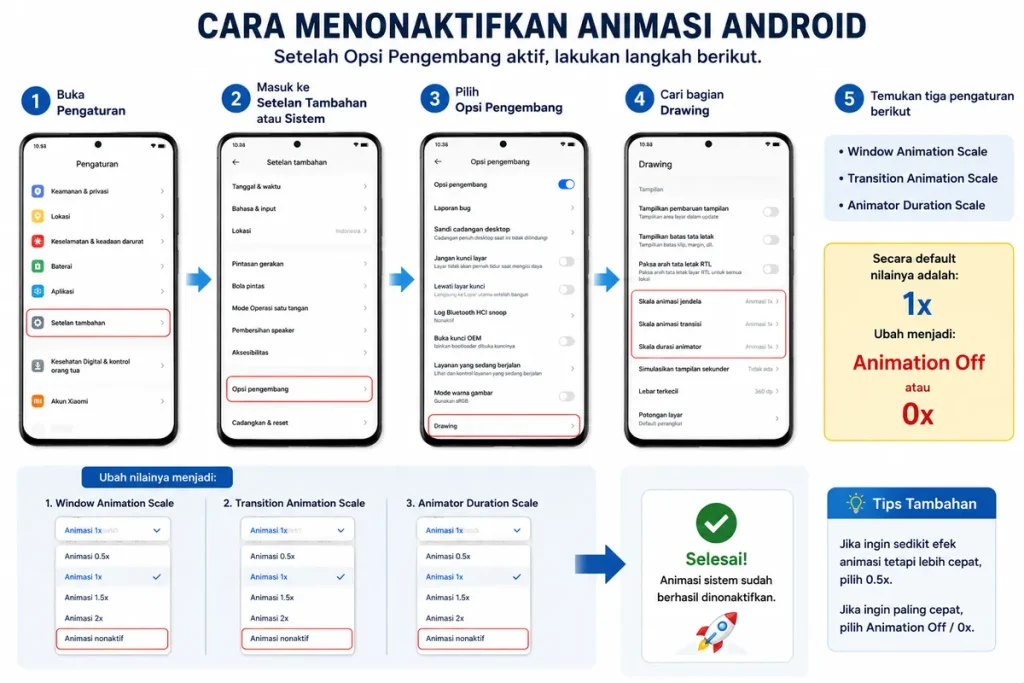 Cara menonaktifkan animasi Android melalui opsi pengembang untuk membuat HP lebih responsif