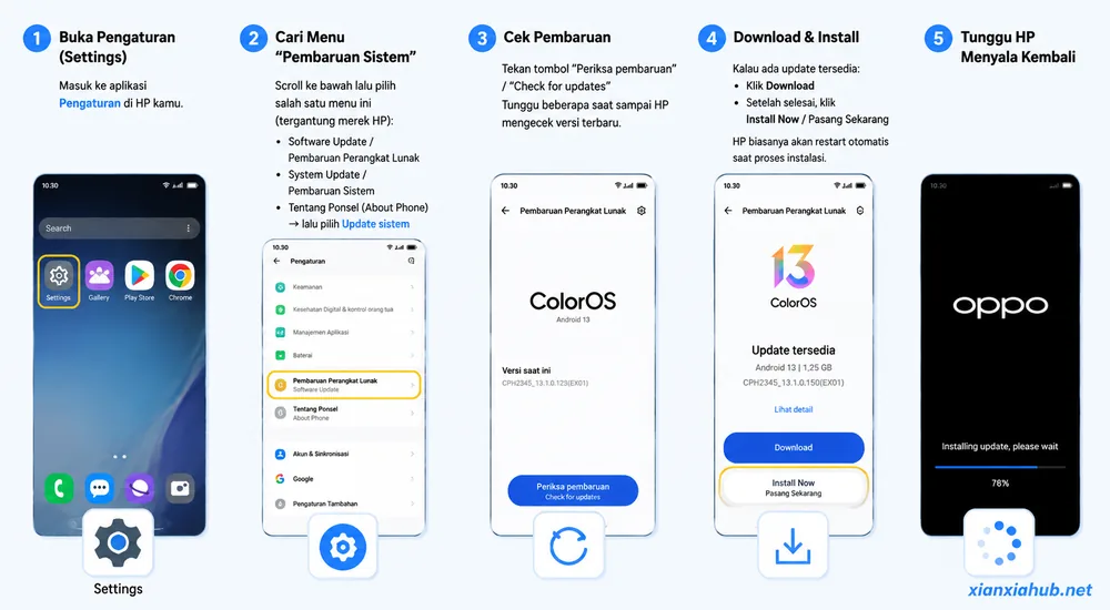 Tutorial cara update sistem Android ColorOS di HP OPPO melalui menu pembaruan sistem dan install update terbaru