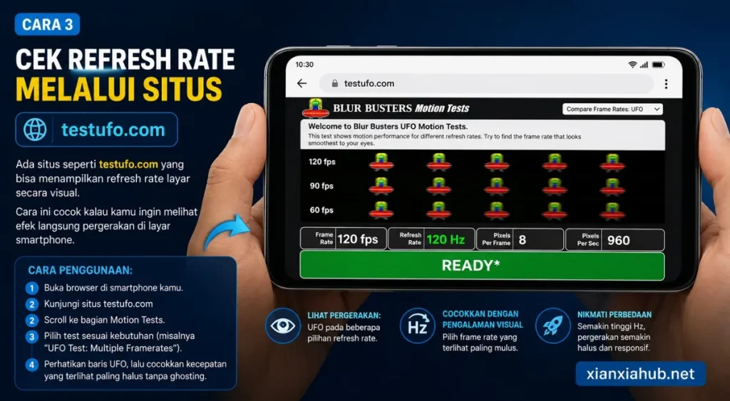 Cara cek refresh rate layar HP menggunakan situs TestUFO untuk menguji kelancaran tampilan dan performa layar secara visual