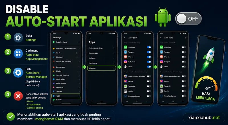 Tutorial menonaktifkan auto start aplikasi Android seperti game, e-commerce, dan aplikasi editing agar RAM lebih lega