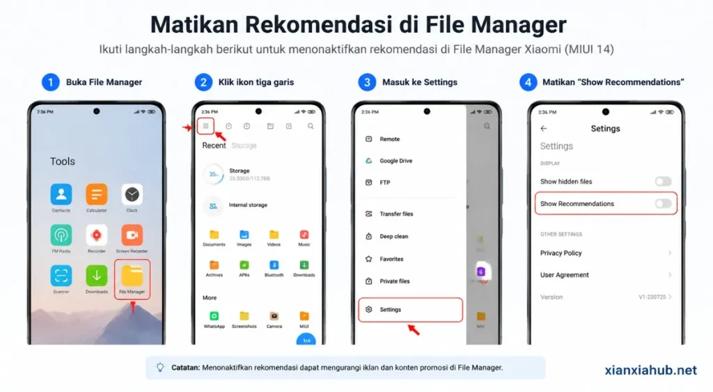 Tutorial mematikan rekomendasi di File Manager Xiaomi MIUI 14 untuk mengurangi iklan