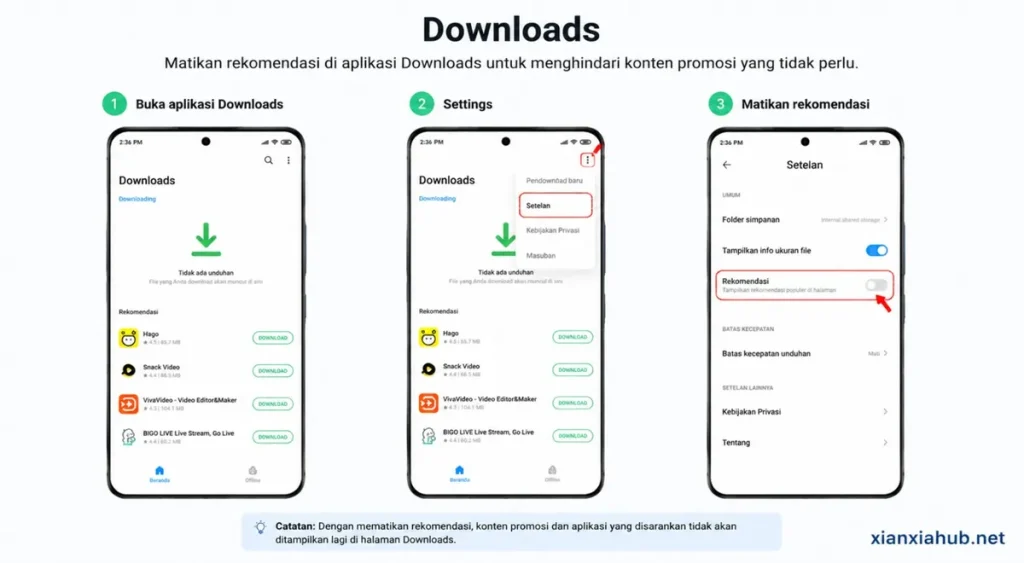 Menonaktifkan rekomendasi di aplikasi Downloads Xiaomi MIUI agar tidak muncul promosi
