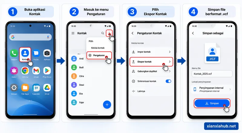 Panduan ekspor kontak Android menjadi file VCF untuk cadangan kontak.