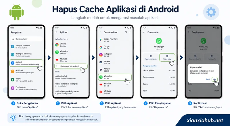 Ilustrasi langkah menghapus cache aplikasi Android dari Pengaturan hingga Hapus Cache.