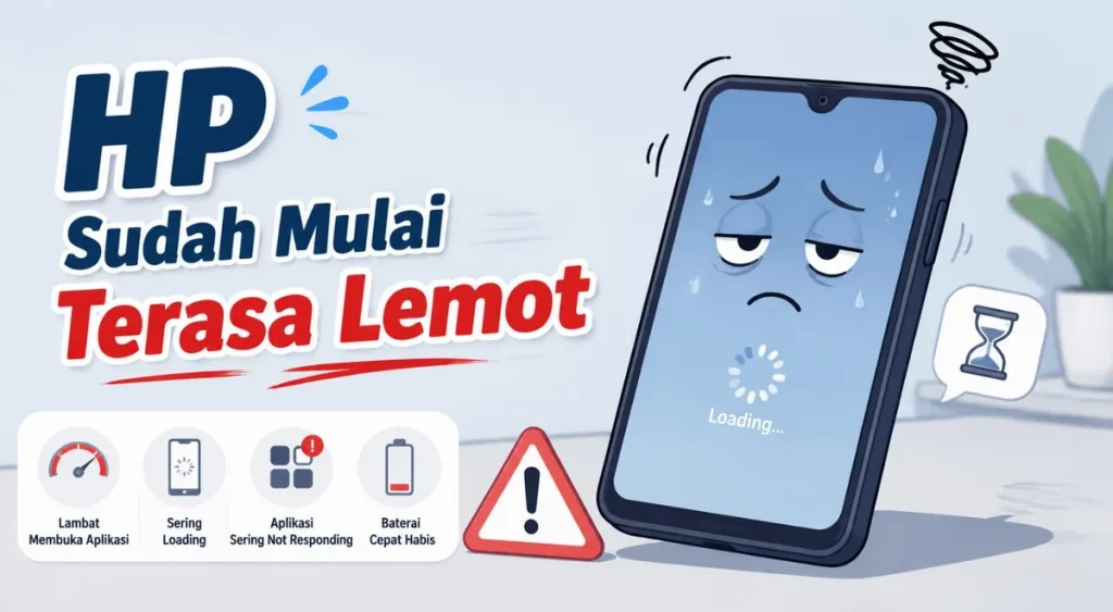 Ilustrasi smartphone Android yang mulai lemot dengan gejala loading lama, aplikasi lambat dibuka, sering not responding, dan baterai cepat habis.
