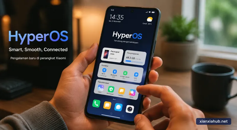 Seseorang menggunakan smartphone Xiaomi dengan sistem HyperOS dalam suasana santai