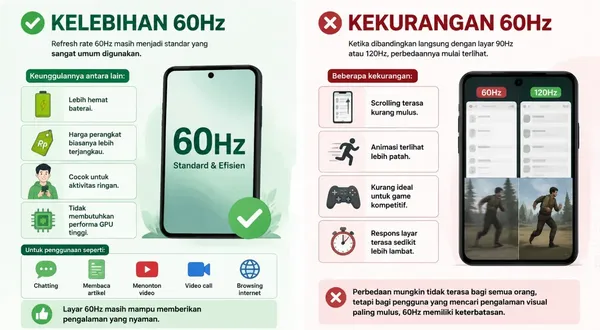 Layar 60Hz hemat baterai untuk aktivitas sehari-hari