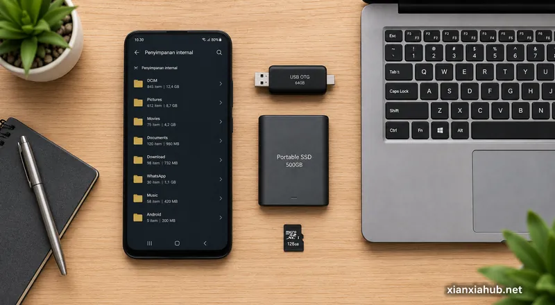 Pilihan media penyimpanan untuk backup data HP tanpa cloud seperti laptop, SSD portabel, flashdisk OTG, dan microSD.