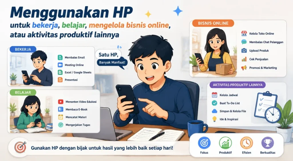 Penggunaan smartphone untuk bekerja, belajar online, mengelola bisnis online, membuat jadwal, dan meningkatkan produktivitas harian.
