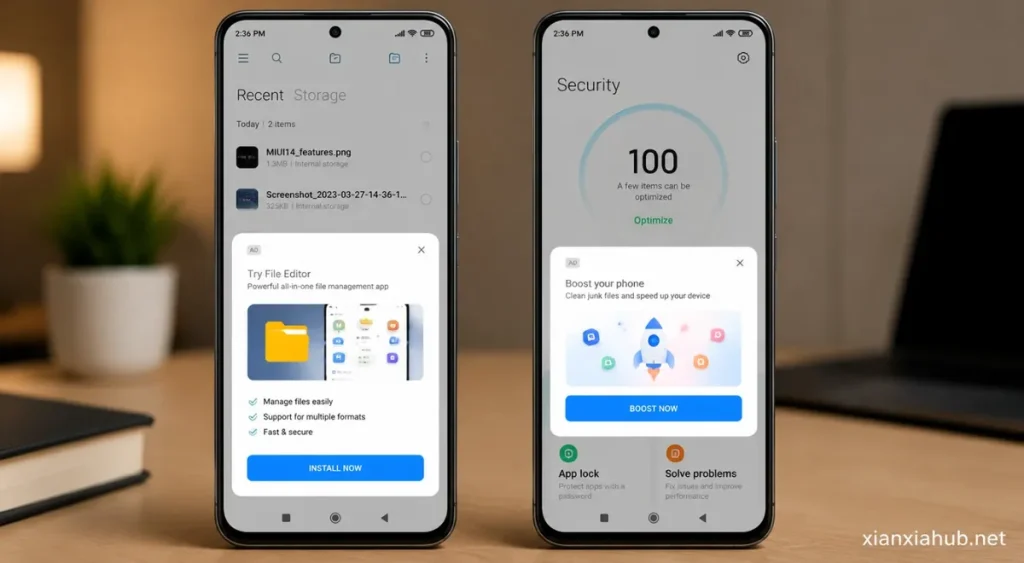 Tampilan iklan di aplikasi bawaan MIUI 14 pada HP Xiaomi