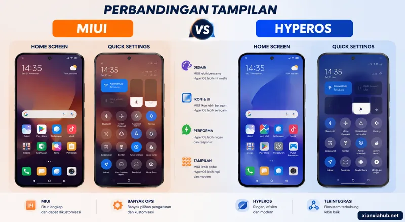 Perbandingan tampilan MIUI dan HyperOS pada smartphone Xiaomi dengan desain antarmuka berbeda