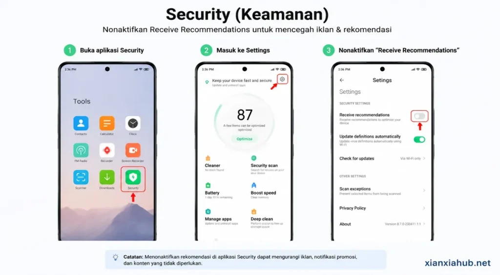 Pengaturan Security MIUI untuk mematikan receive recommendations agar mengurangi iklan