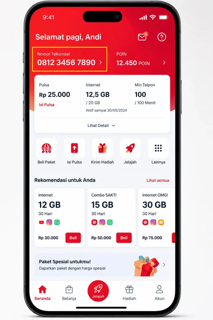 Mockup aplikasi MyTelkomsel yang menampilkan nomor Telkomsel pada halaman utama aplikasi