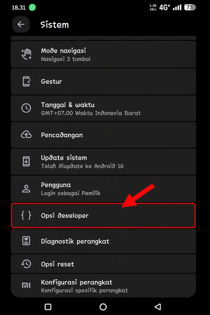 Tampilan menu Sistem di Android dengan tanda panah yang menunjukkan lokasi Opsi Developer setelah Mode Pengembang berhasil diaktifkan.