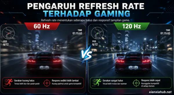 Infografis pengaruh refresh rate 60Hz dan 120Hz terhadap performa gaming dan visual yang lebih halus.