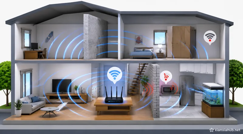 Ilustrasi penyebab sinyal WiFi lemah di rumah akibat tembok beton, perangkat elektronik, dan jarak dari router.