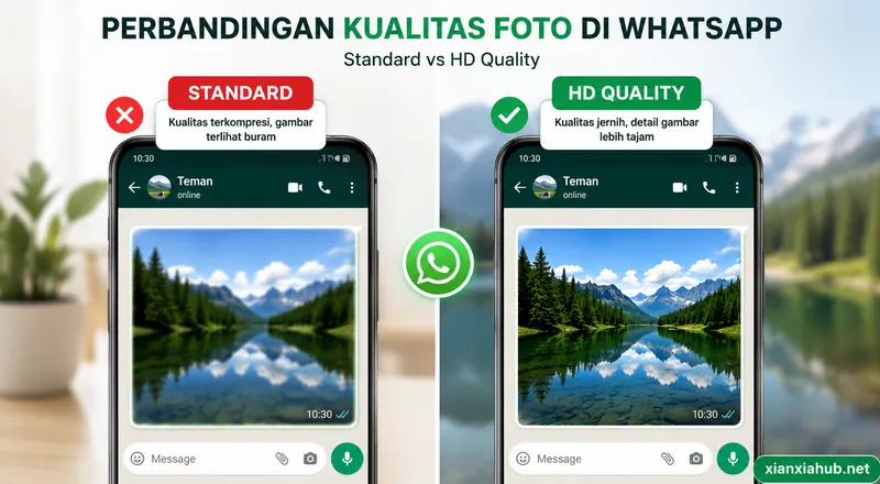 Ilustrasi perbandingan foto HD dan foto standar di WhatsApp dengan kualitas gambar yang lebih jernih pada mode HD