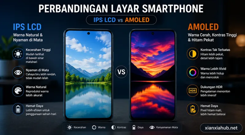 Infografis perbandingan teknologi layar IPS LCD dan AMOLED pada smartphone modern untuk membantu memilih kualitas layar terbaik