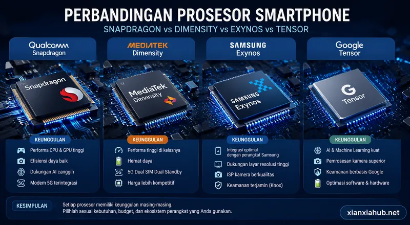 Infografis perbandingan chipset Snapdragon MediaTek Dimensity Samsung Exynos dan Google Tensor pada smartphone modern.