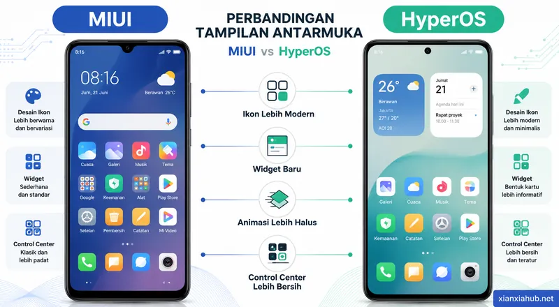 Infografis perbandingan MIUI vs HyperOS yang menampilkan perubahan desain ikon, widget, animasi, dan Control Center.