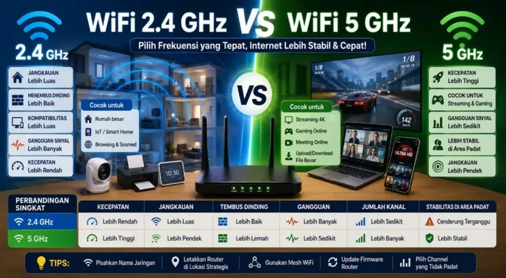 Perbedaan WiFi 2.4 GHz dan 5 GHz: Mana yang Lebih Cepat dan Cocok untuk Rumah Anda? perbedaan-wifi-2-4ghz-vs-5ghz-featured-image-1000x550