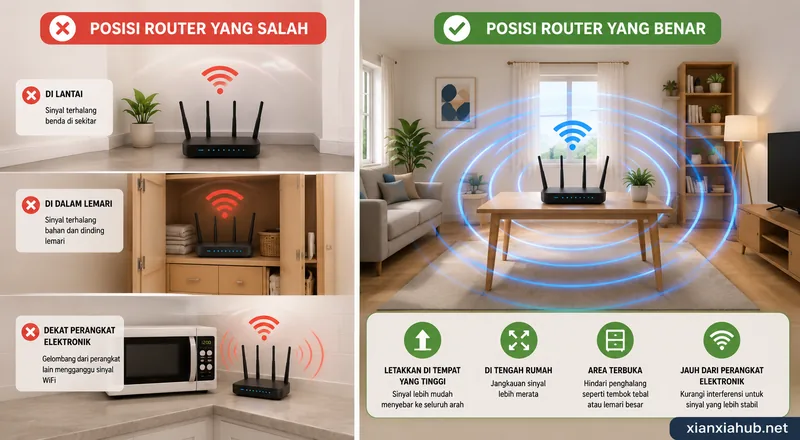 Perbandingan penempatan router WiFi yang tepat dan yang sebaiknya dihindari untuk meningkatkan kualitas sinyal.