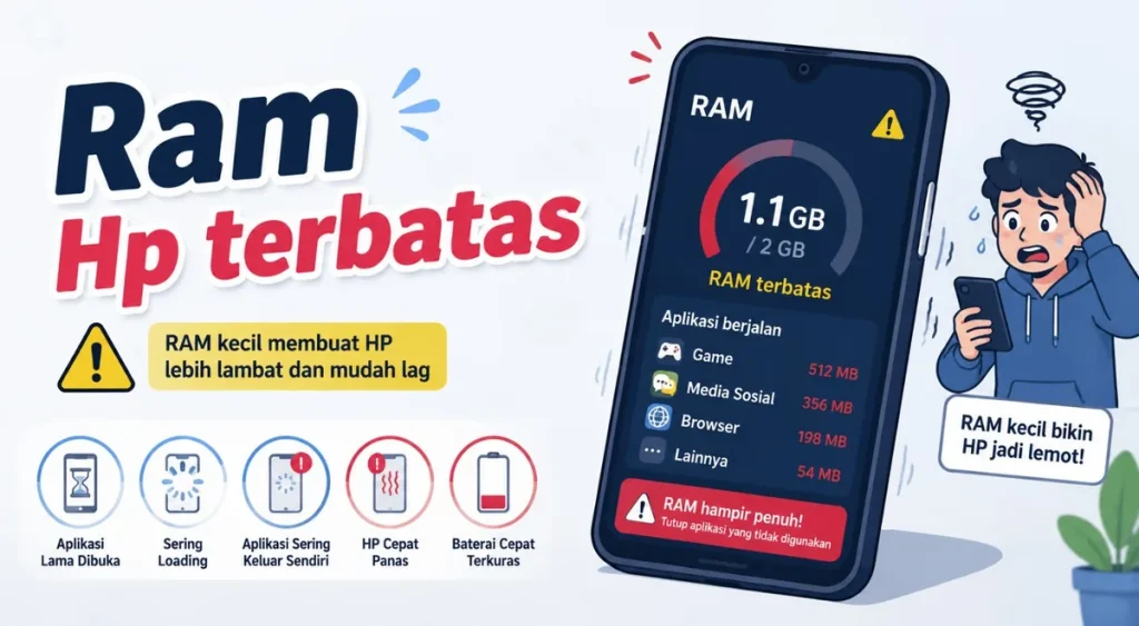 Ilustrasi penggunaan RAM Android yang hampir penuh sehingga menyebabkan aplikasi lambat, loading lama, perangkat panas, dan baterai cepat habis.