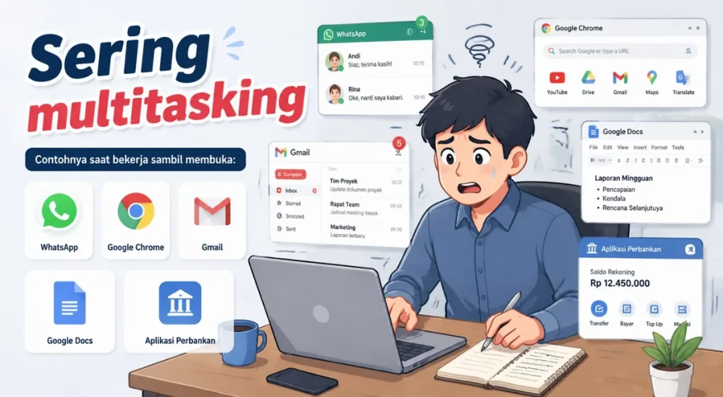Ilustrasi pengguna membuka banyak aplikasi sekaligus seperti WhatsApp, Chrome, Gmail, Google Docs, dan aplikasi perbankan yang dapat membebani RAM Android.