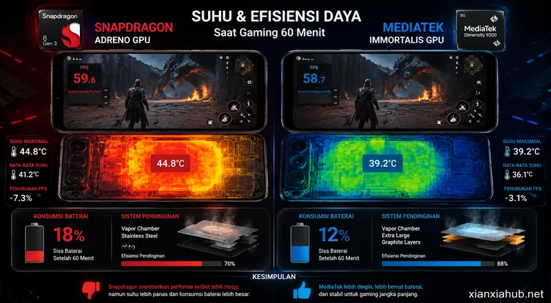 Snapdragon dan MediaTek untuk gaming dibandingkan berdasarkan temperatur chipset, efisiensi baterai, serta performa pendinginan smartphone.