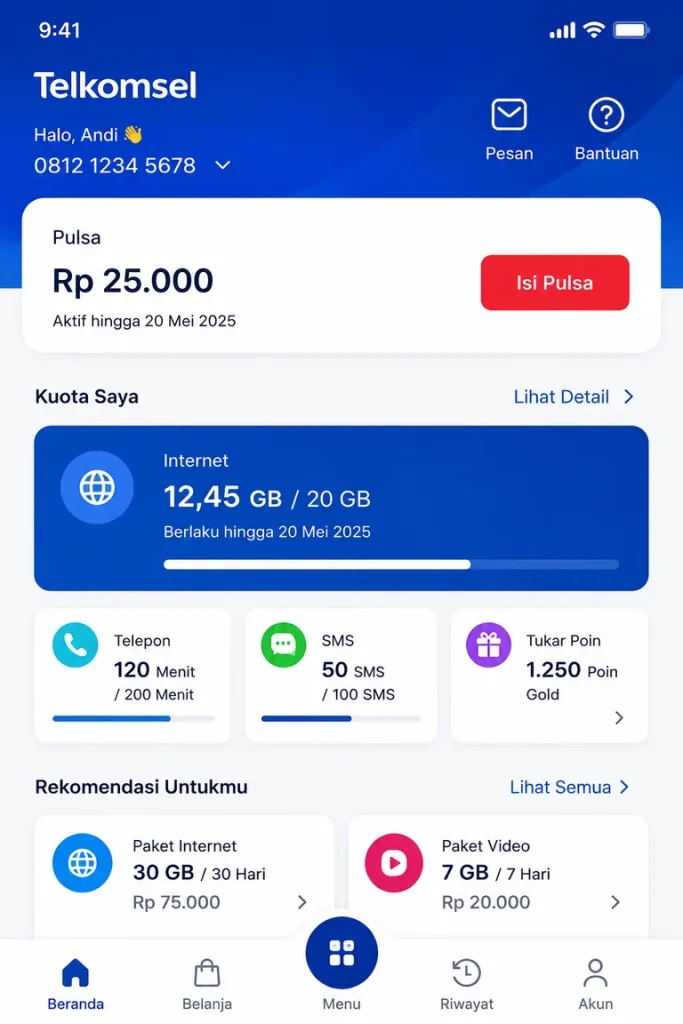 Dashboard aplikasi mobile Telkomsel menampilkan informasi kuota internet, pulsa, SMS, dan telepon dengan tema biru bersih