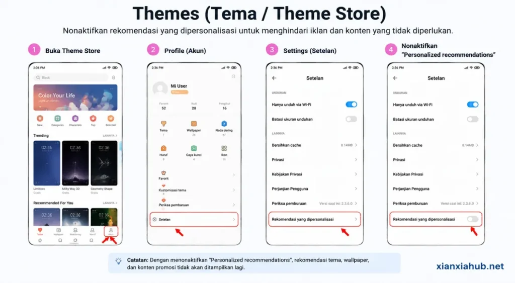 Menonaktifkan personalized recommendations di Theme Store MIUI untuk mengurangi iklan