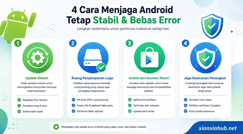 Ilustrasi empat langkah menjaga performa Android tetap stabil dan bebas error.