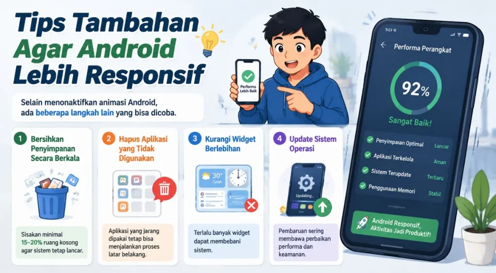 Tips tambahan agar Android lebih responsif dengan membersihkan penyimpanan, menghapus aplikasi tidak terpakai, mengurangi widget, dan update sistem operasi.