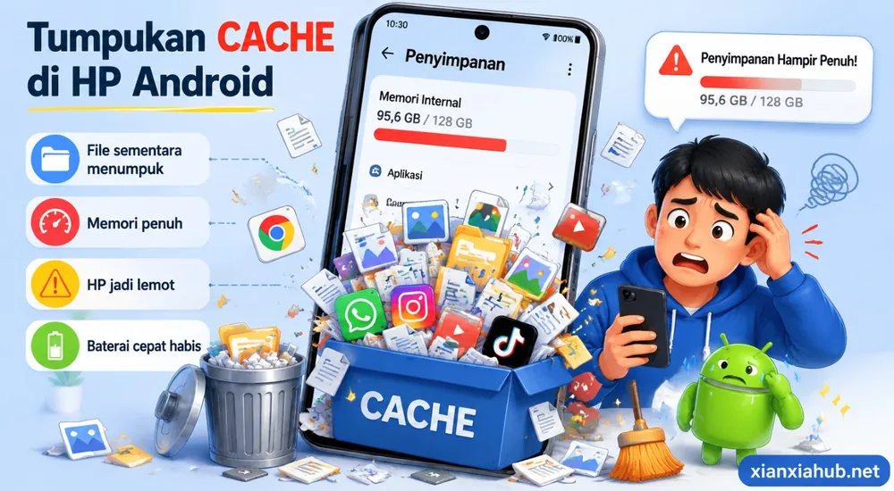 Ilustrasi penumpukan cache di HP Android yang menyebabkan memori penuh, aplikasi berat, dan performa menurun